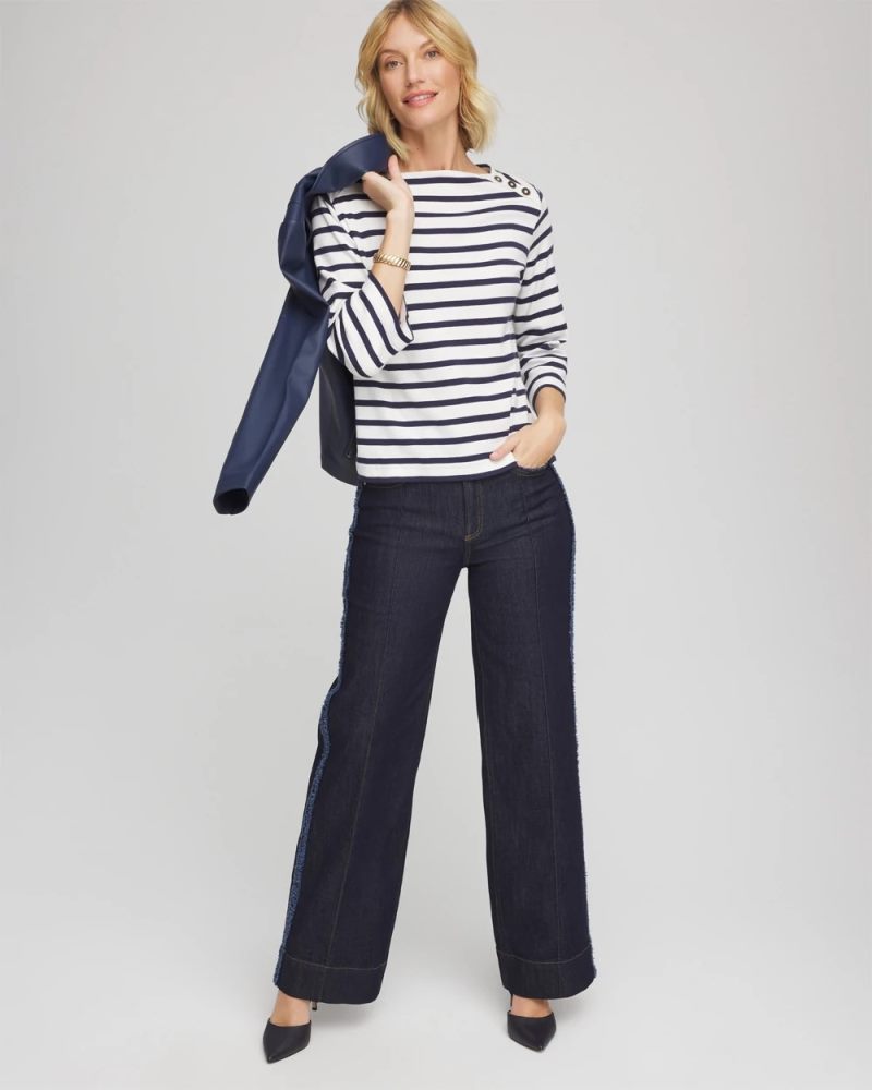 Chicos Bateau Neck Stripe Top - ECRU