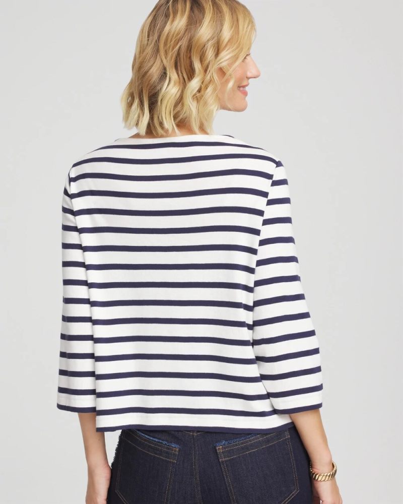 Chicos Bateau Neck Stripe Top - ECRU