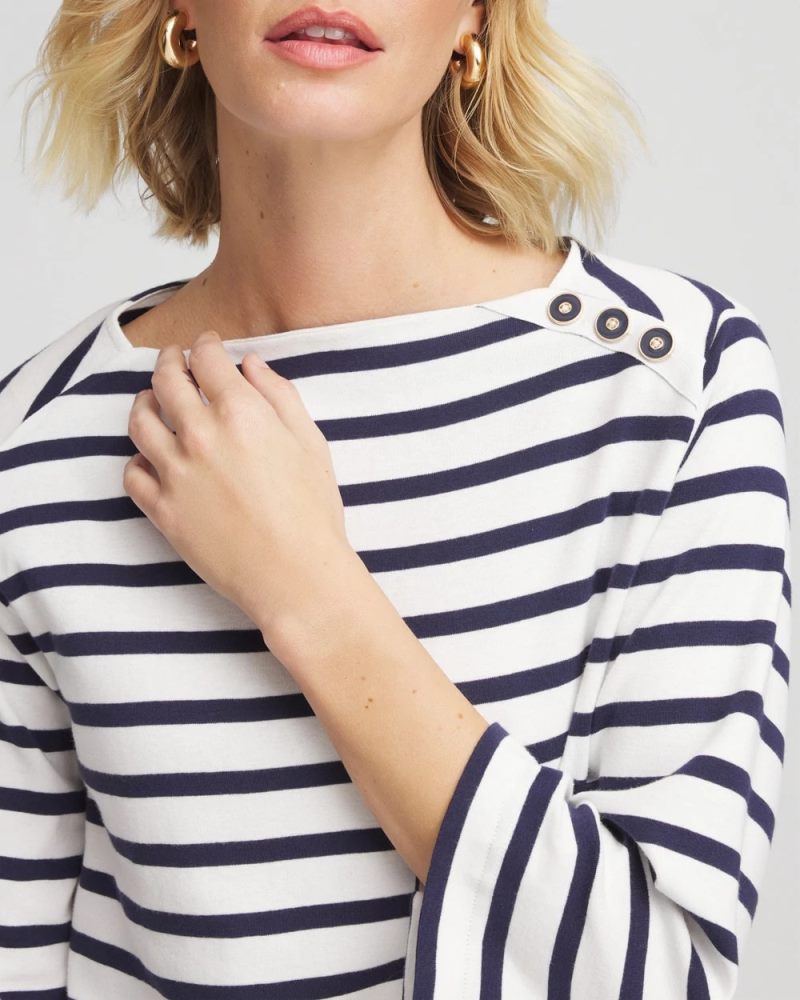 Chicos Bateau Neck Stripe Top - ECRU