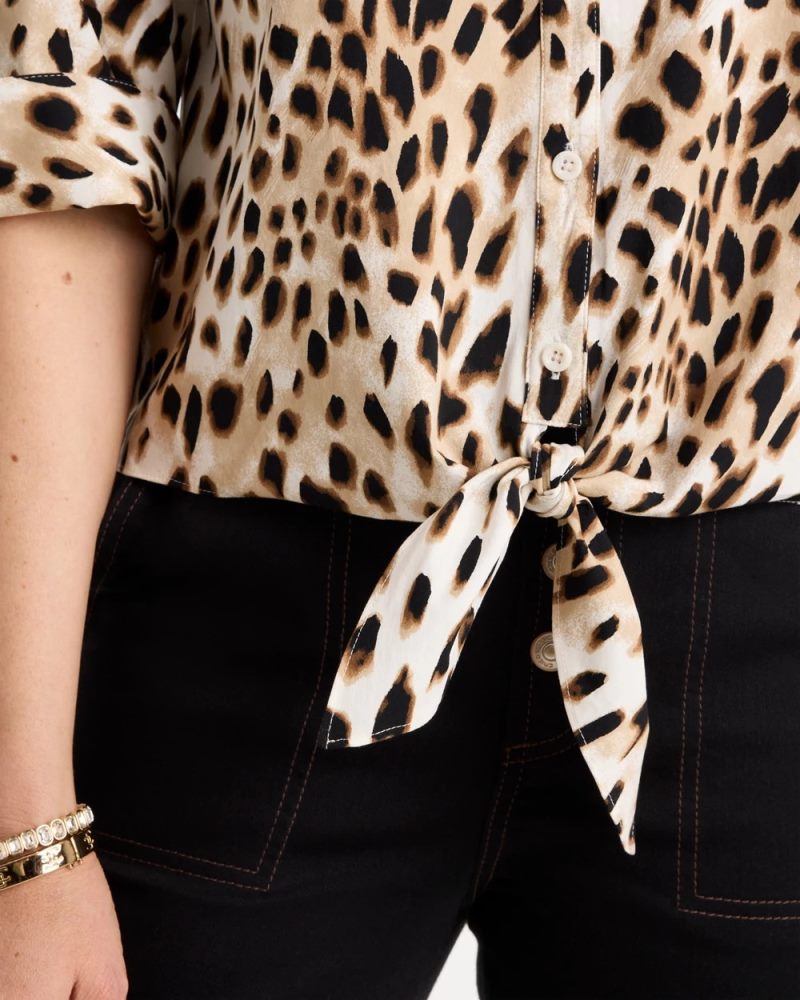 Chicos Poplin Cotton Animal Print Tie-Front Top - BLACK