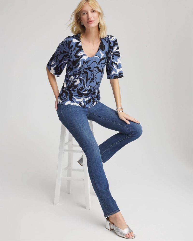 Chicos Stretch-Knit Flutter-Sleeve Tee - BLUE LOTUS