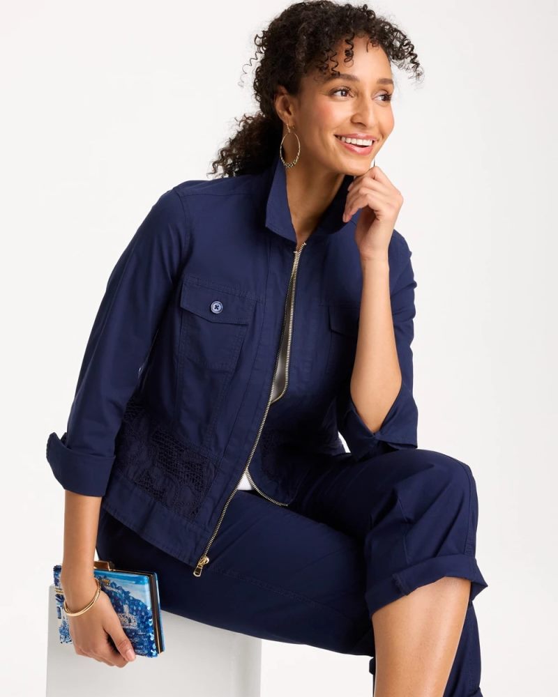 Chicos Poplin Cotton Lace Peplum Jacket - PASSPORT BLUE