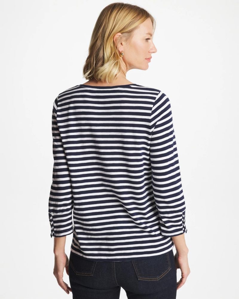 Chicos Striped Cotton Slub 3/4 Sleeve Button Tee - PASSPORT BLUE