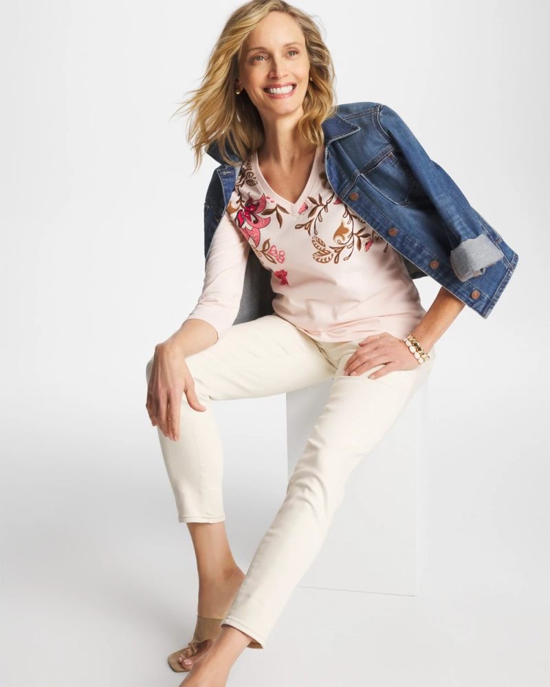 Chicos Stretch-Cotton 3/4 Sleeve Perfect Tee - SIESTA ROSE