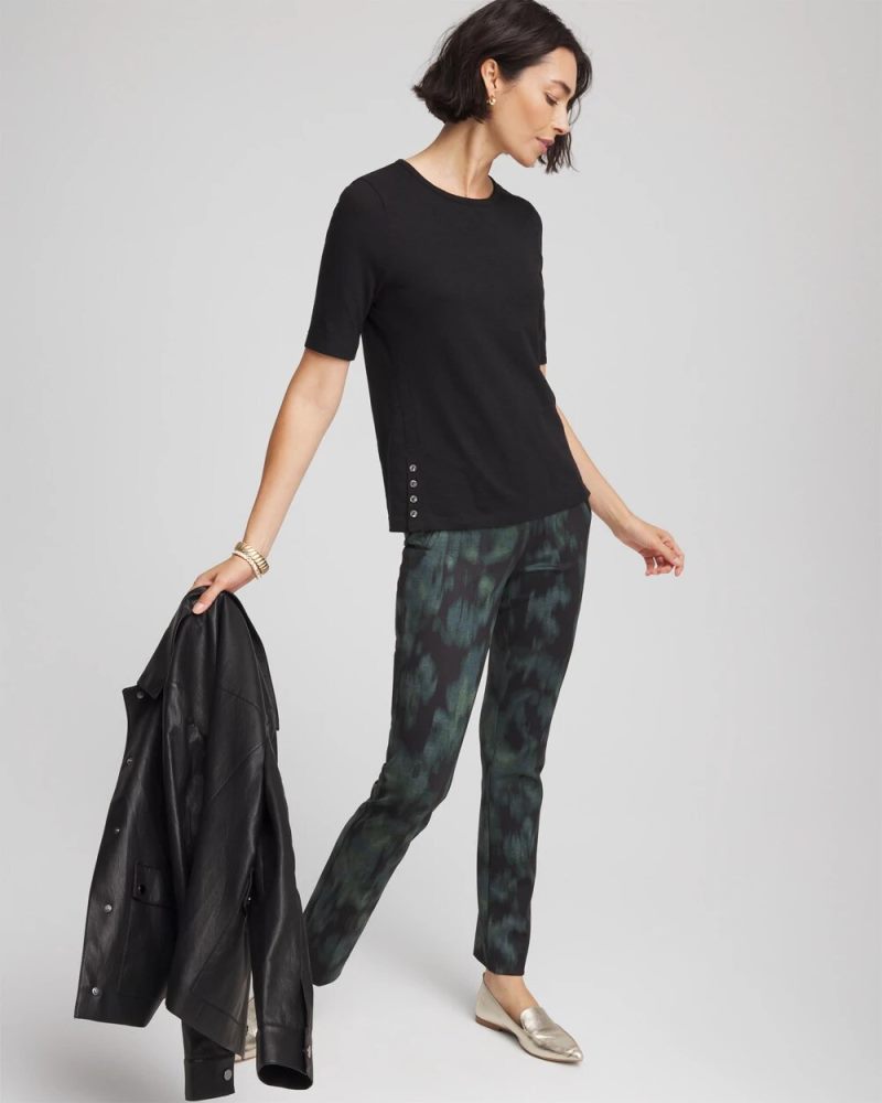 Chicos Slub Crewneck Button Tee - BLACK
