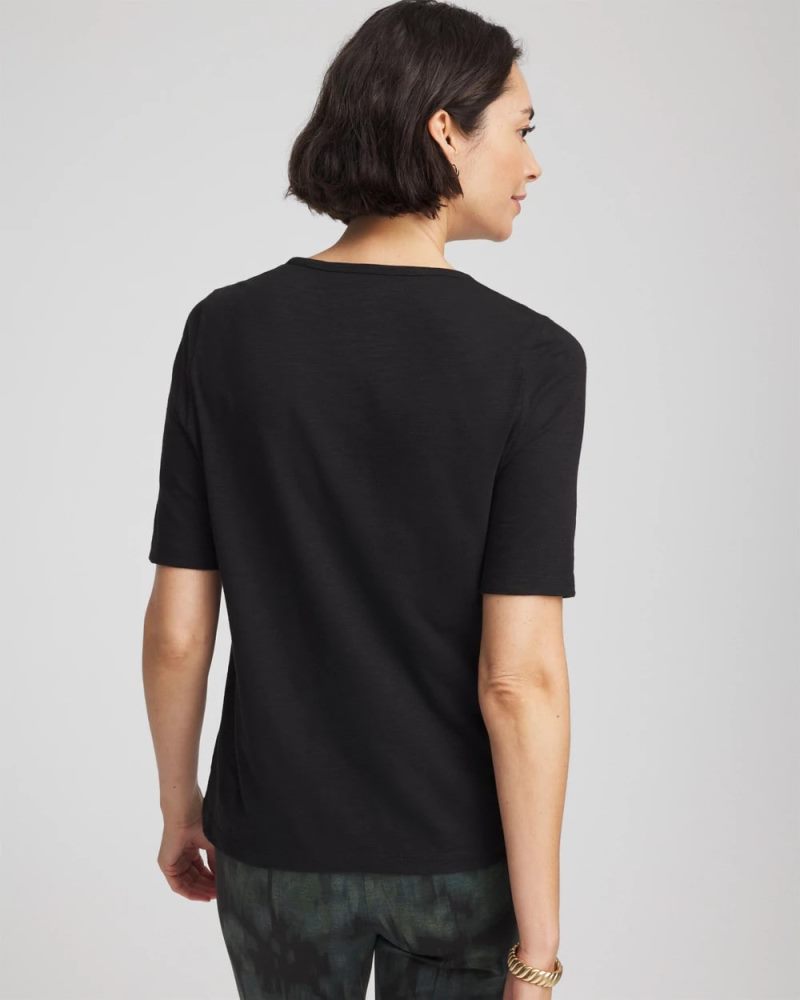 Chicos Slub Crewneck Button Tee - BLACK
