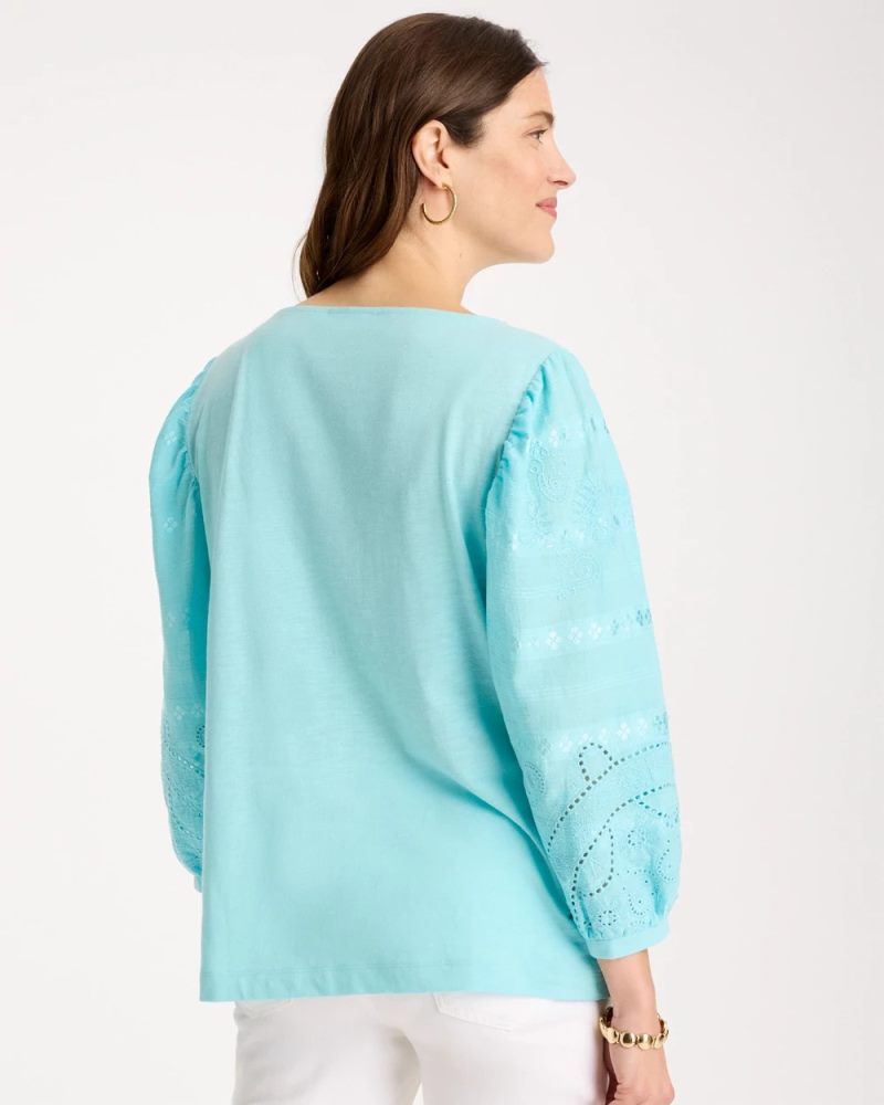 Chicos Cotton Eyelet Sleeve Tee - BONDI BLUE