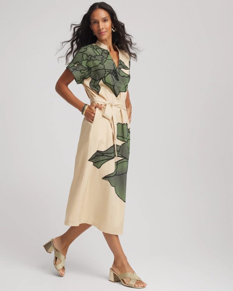 Chicos Printed Cotton-Voile Popover Midi Dress - SANDSTONE