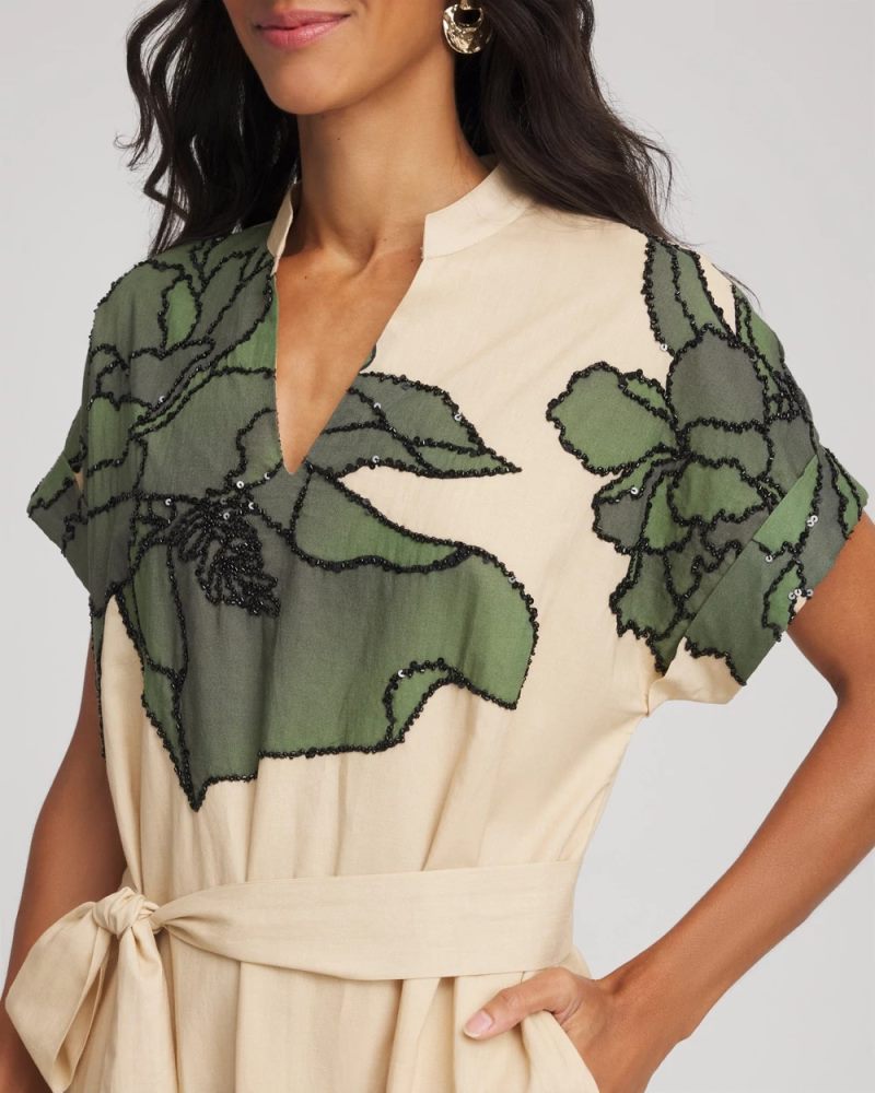 Chicos Printed Cotton-Voile Popover Midi Dress - SANDSTONE