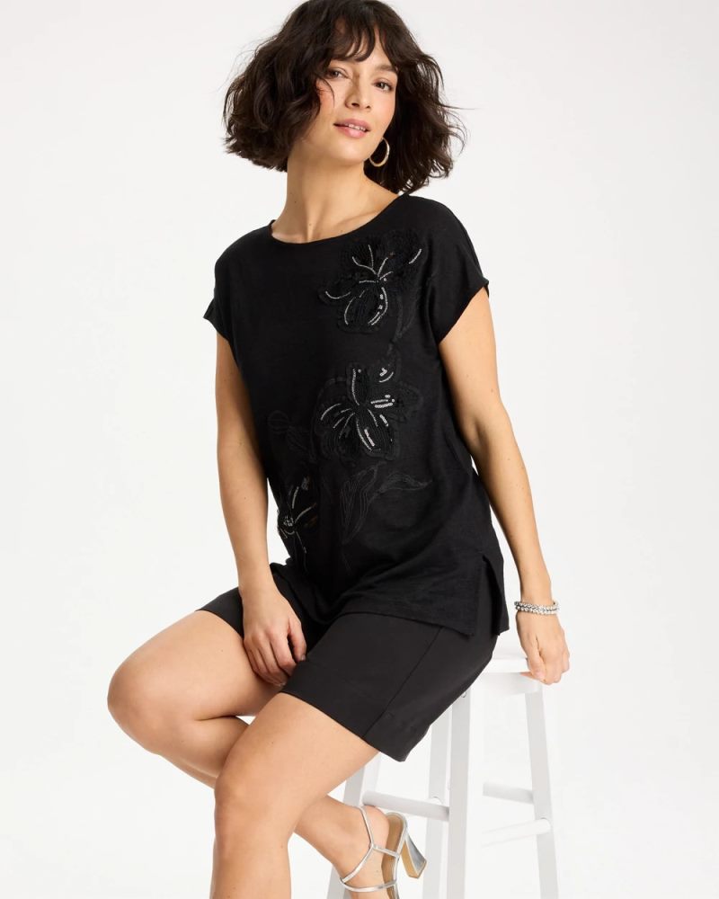 Chicos Linen Embellished Sequin Tunic - BLACK