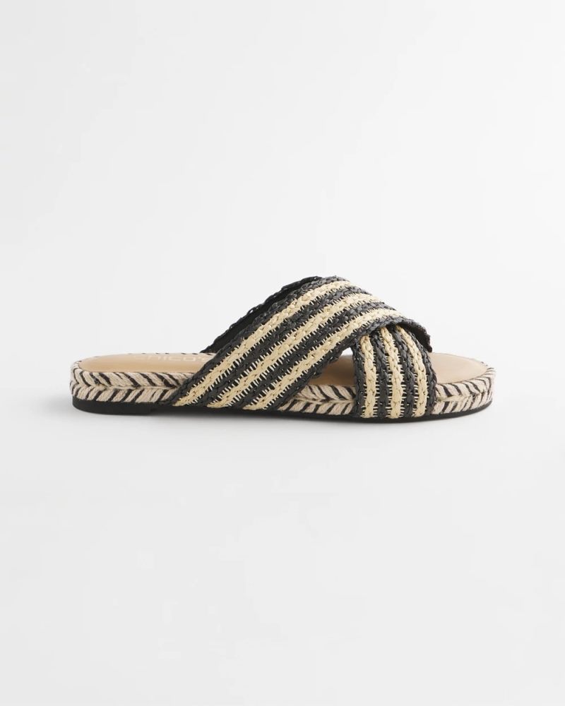 Chicos Striped Raffia Cross-Strap Slide Sandal - BLACK RAFFIA