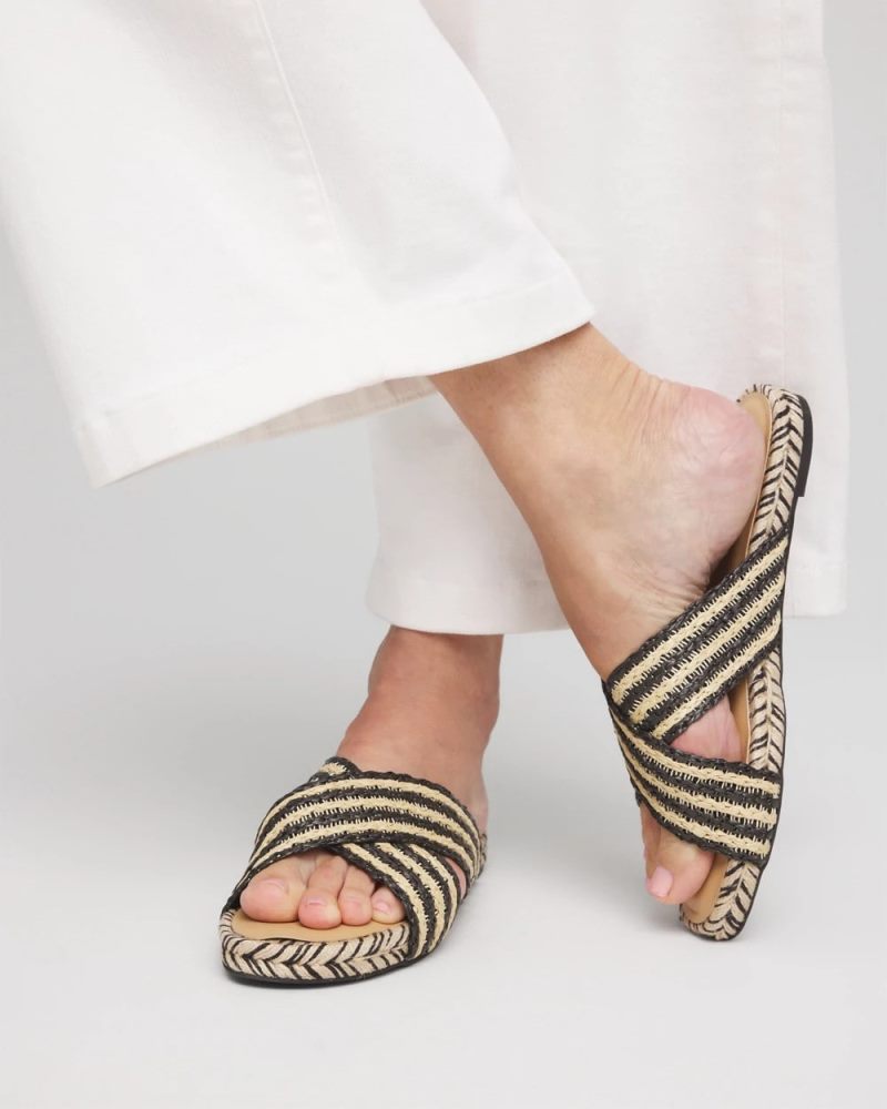 Chicos Striped Raffia Cross-Strap Slide Sandal - BLACK RAFFIA