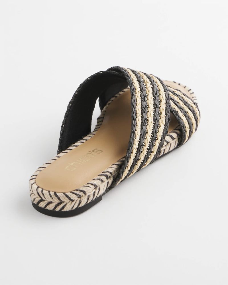 Chicos Striped Raffia Cross-Strap Slide Sandal - BLACK RAFFIA