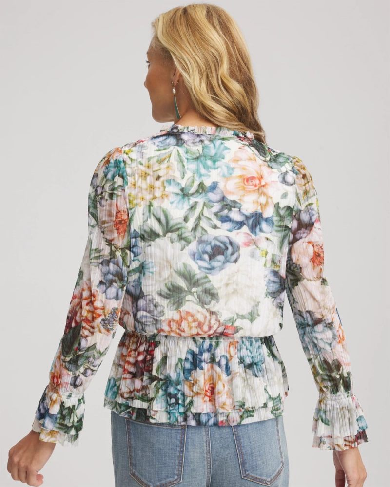 Chicos Rose Print Crinkle Top - ECRU