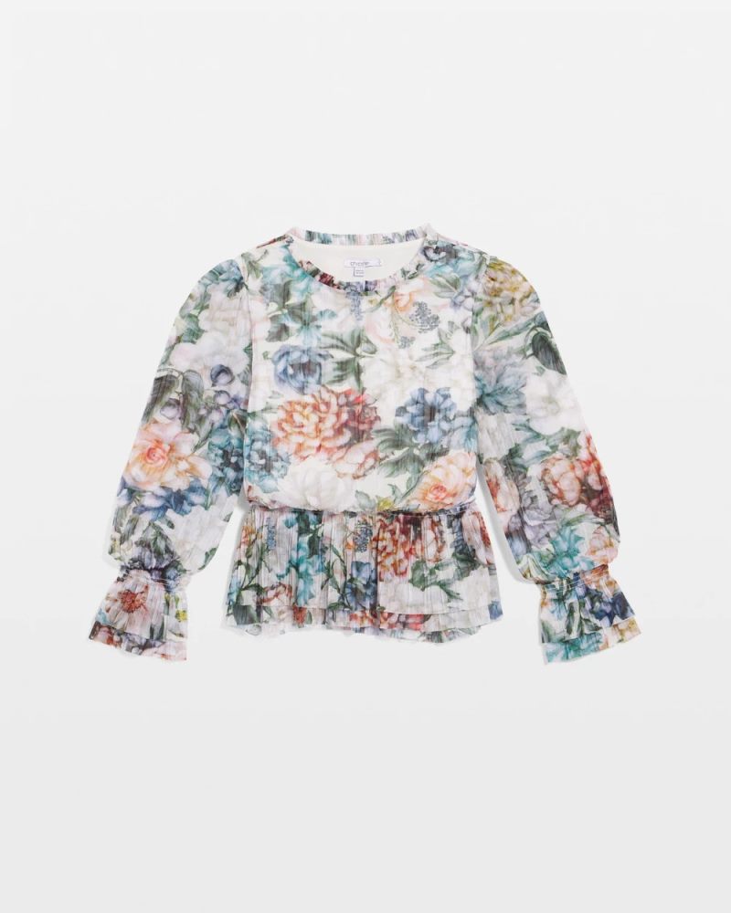 Chicos Rose Print Crinkle Top - ECRU