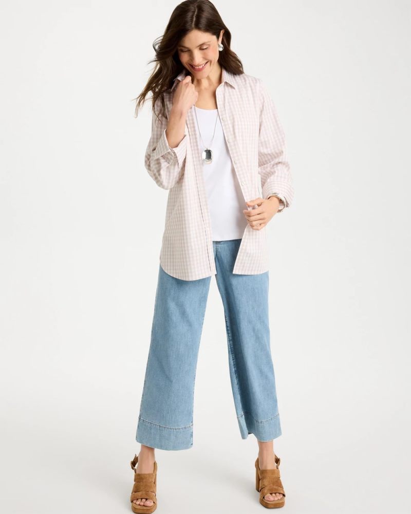 Chicos No Iron Stretch Neutral Gingham Shirt - SMOKEY TAUPE