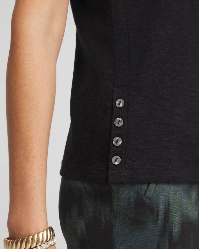 Chicos Slub Crewneck Button Tee - BLACK