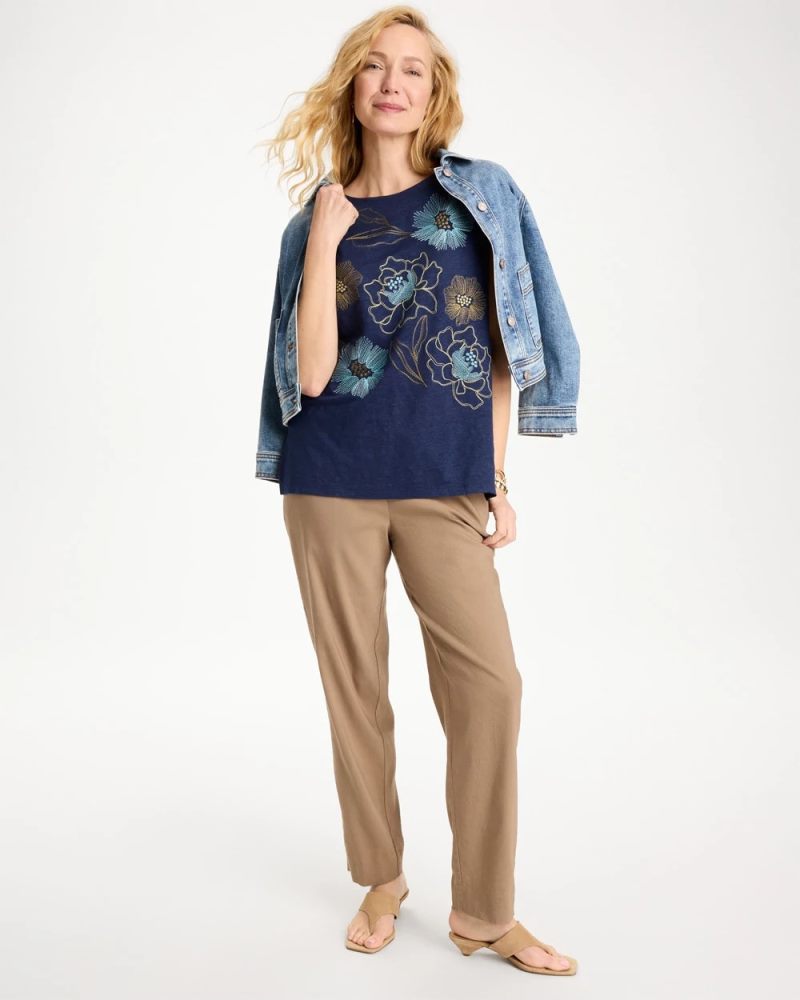 Chicos Embroidered Linen Dolman Tee - PASSPORT BLUE