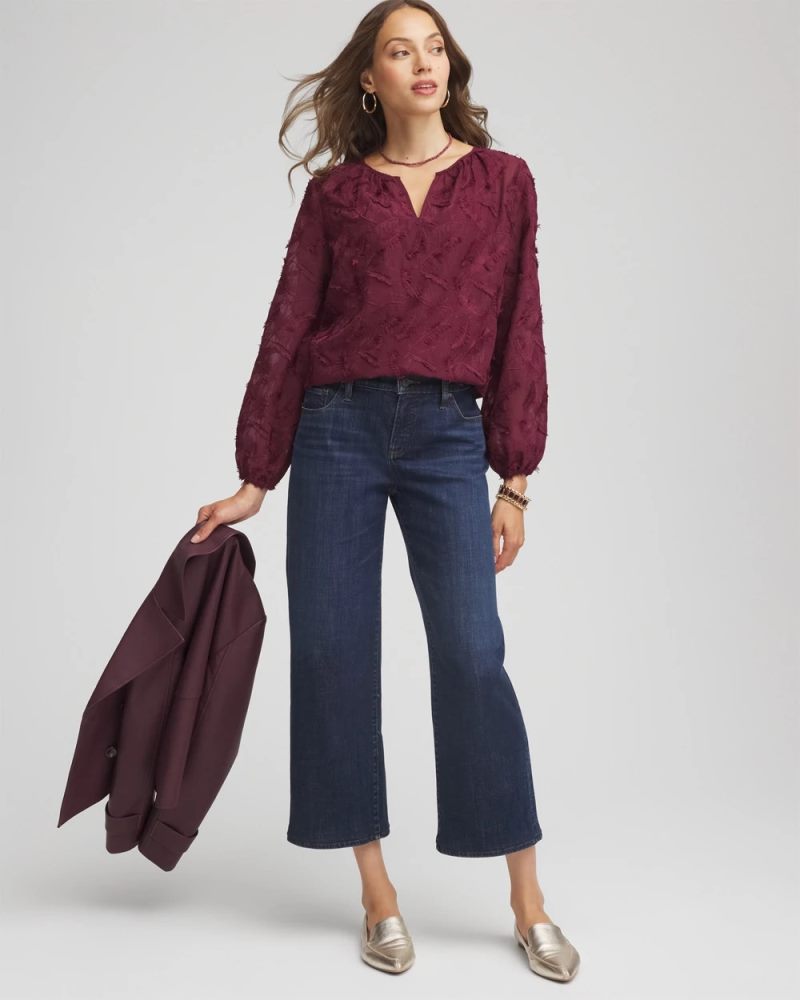 Chicos Feathered Pullover Peasant Blouse - DEEP CHIANTI