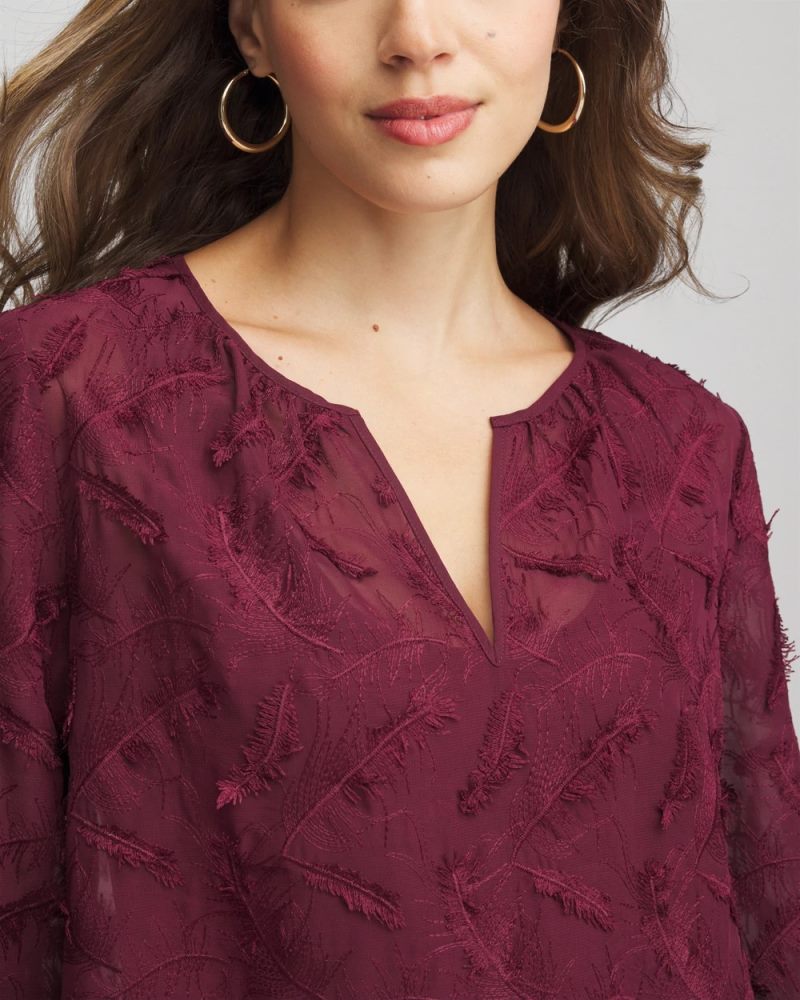 Chicos Feathered Pullover Peasant Blouse - DEEP CHIANTI