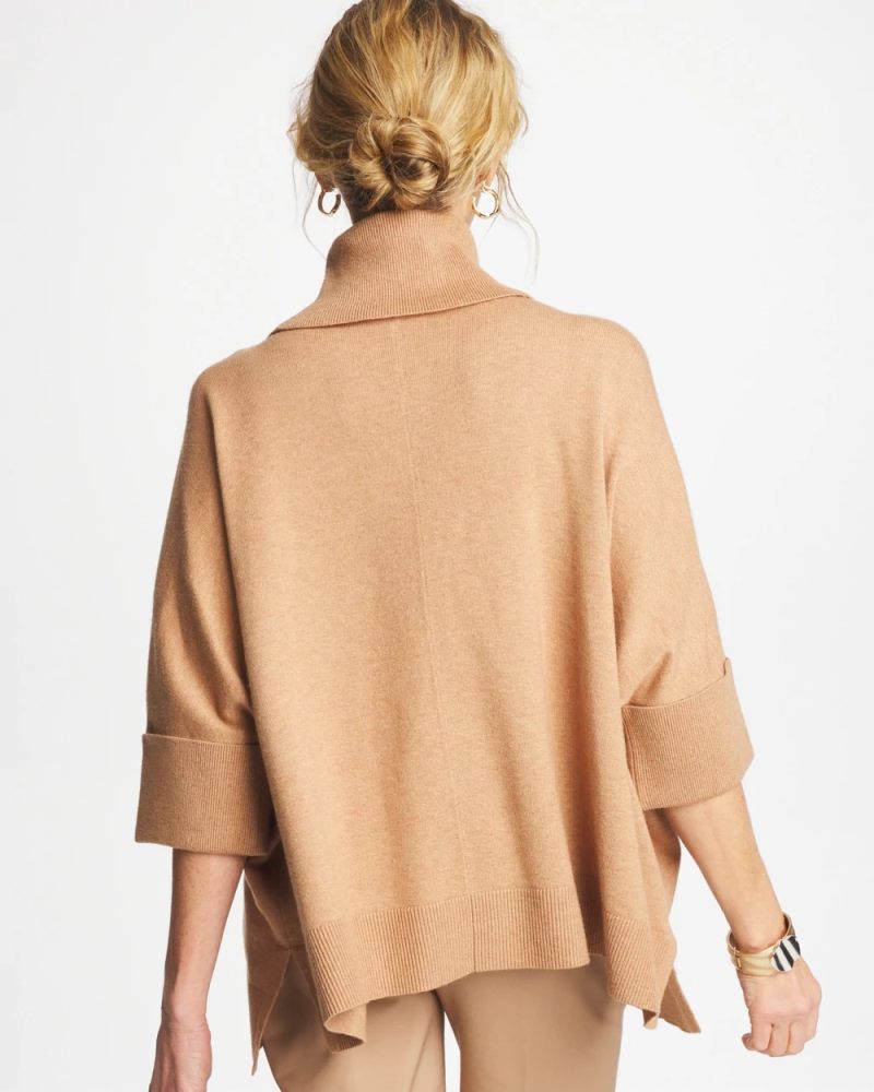 Chicos Cowlneck Knit Fringe Poncho - FAUX CREME COFFEE HEATHER
