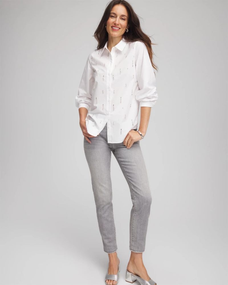 Chicos Jeweled Poplin Shirt - ALABASTER