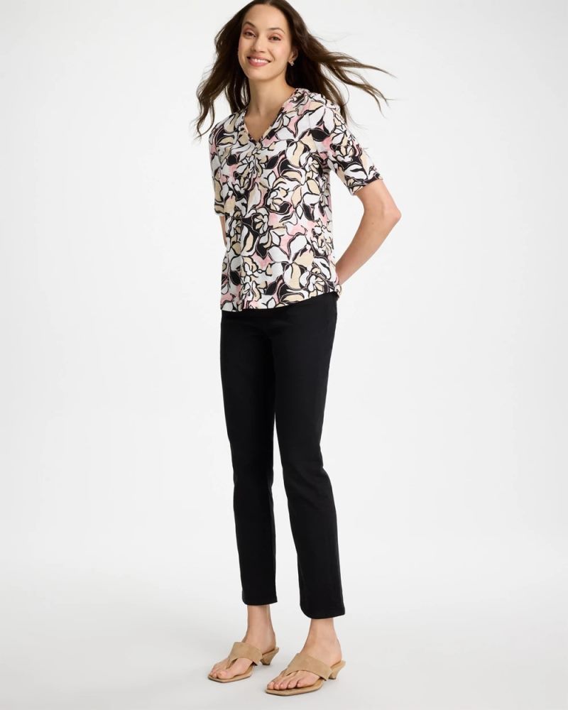 Chicos Printed Cotton Slub V-Neck Tee - BLACK