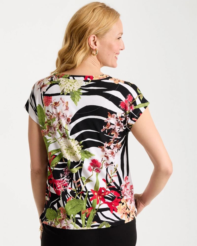 Chicos Tropical Nights Refined Button Tee - BLACK