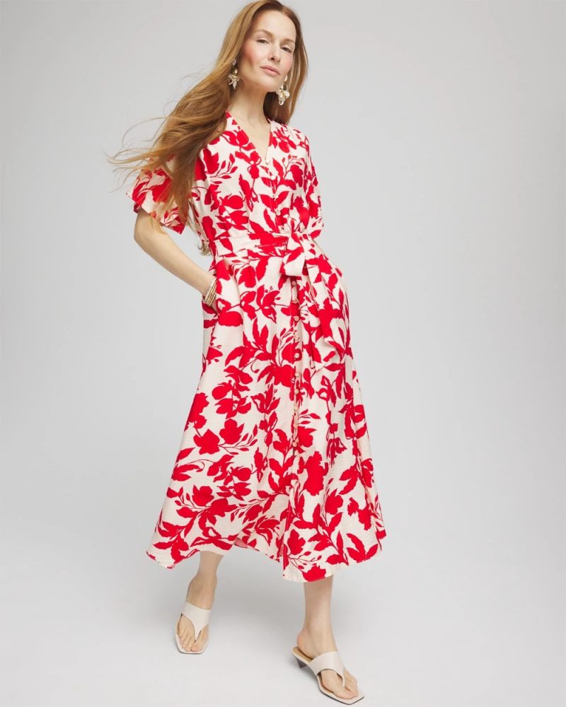 Chicos Floral Ruffle-Sleeved Midi Dress - ECRU