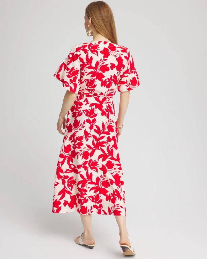 Chicos Floral Ruffle-Sleeved Midi Dress - ECRU