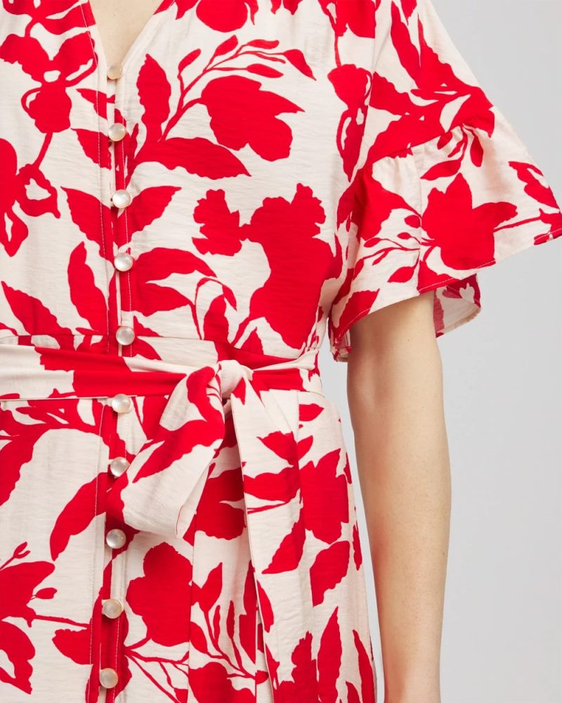 Chicos Floral Ruffle-Sleeved Midi Dress - ECRU