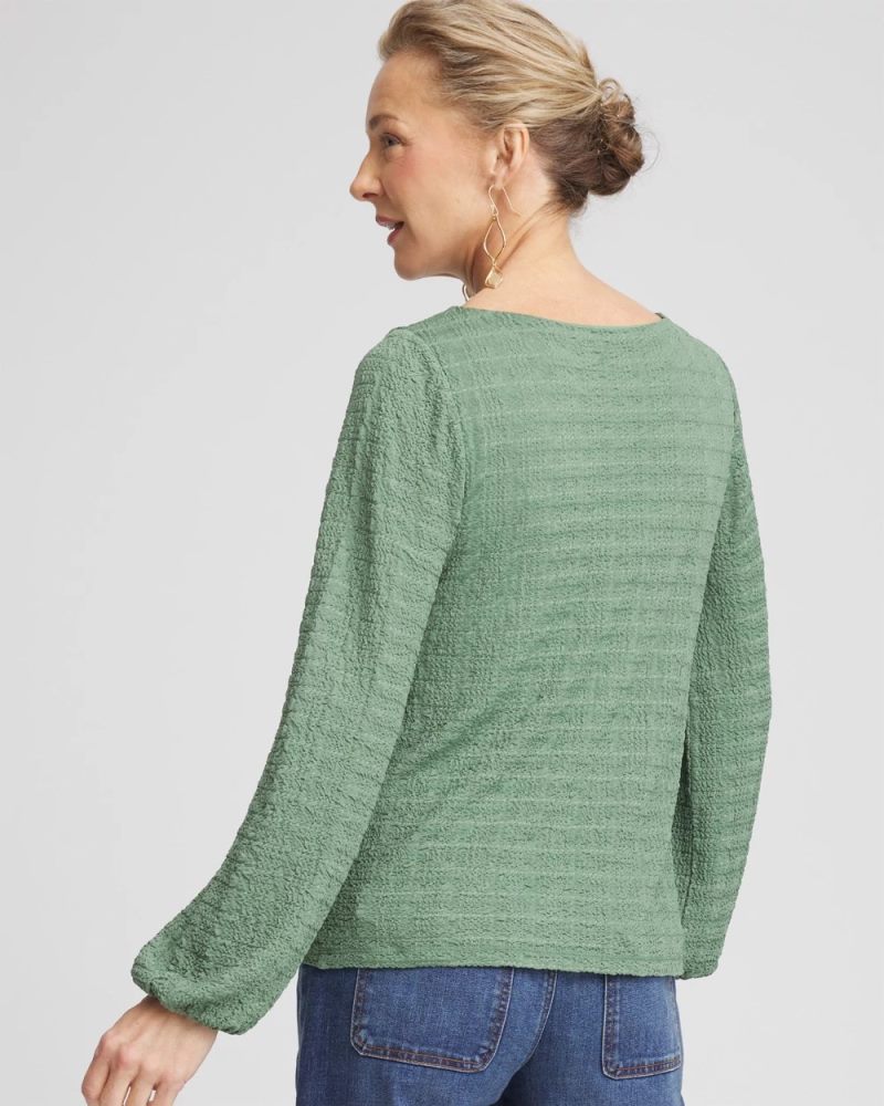 Chicos Smocked Boatneck Top - MINERAL GREEN