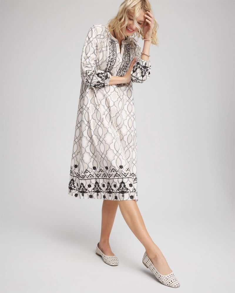 Chicos Poplin Embellished Midi Dress - ECRU