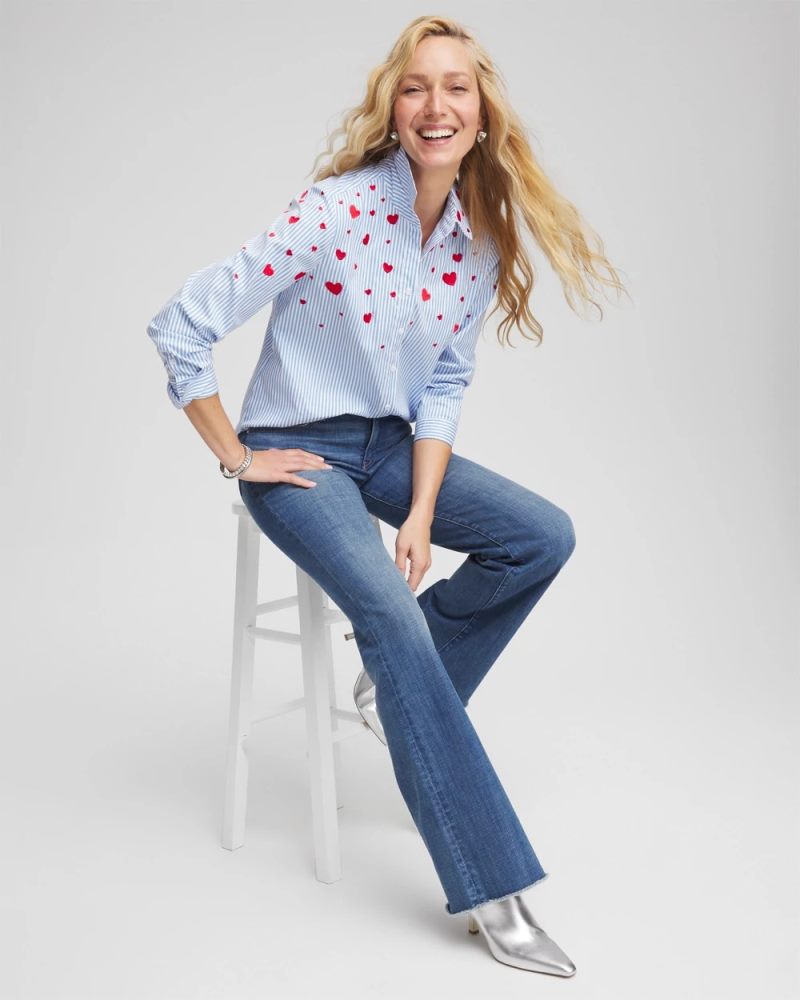 Chicos V-Day Striped Poplin Shirt - TIDAL BLUE