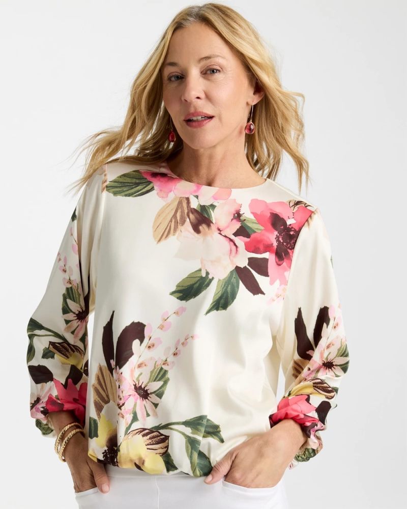 Chicos Crewneck Satin Bubble Hem Top - HOT HONEYSUCKLE
