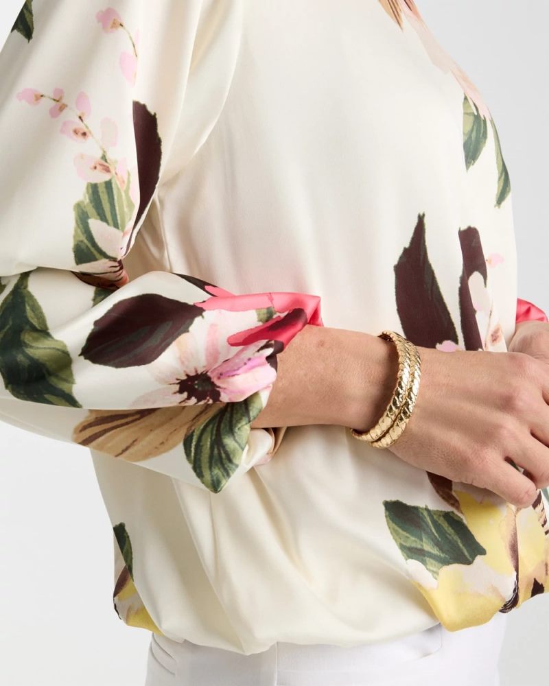 Chicos Crewneck Satin Bubble Hem Top - HOT HONEYSUCKLE