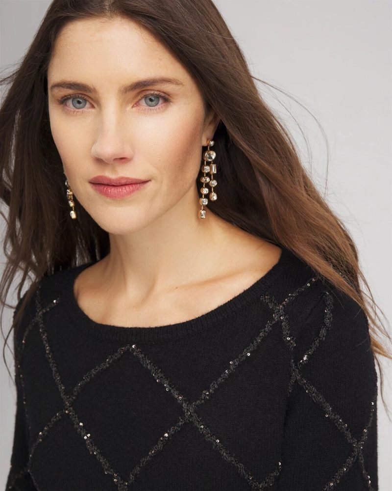 Chicos Sparkling Diamonds Pullover Sweater - BLACK