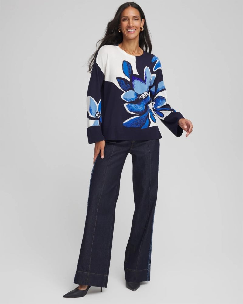 Chicos Floral Intarsia Crewneck Pullover - TIDAL BLUE