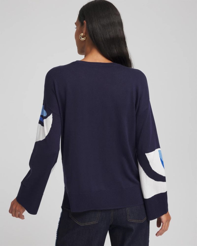 Chicos Floral Intarsia Crewneck Pullover - TIDAL BLUE