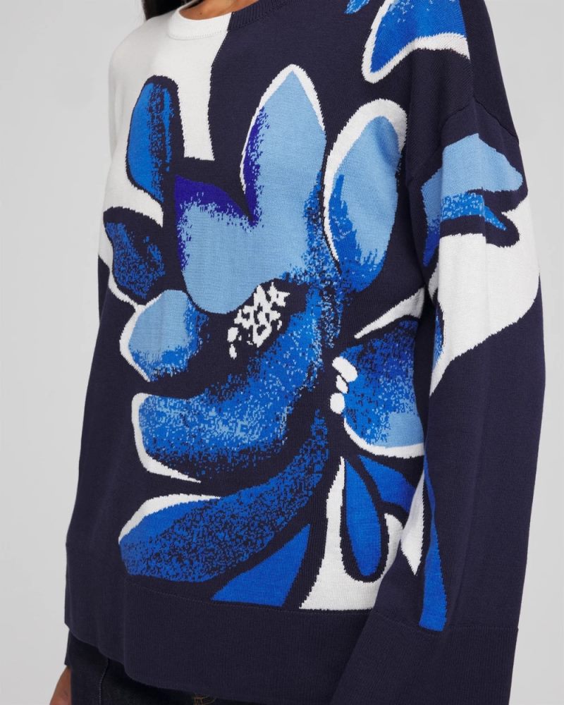 Chicos Floral Intarsia Crewneck Pullover - TIDAL BLUE