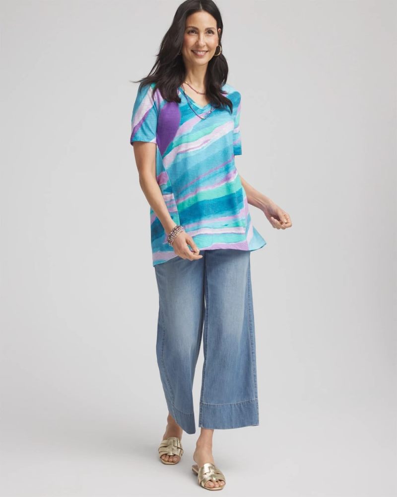 Chicos Sea Print Short Sleeve Forward-Seam Tee - PARADISO BLUE