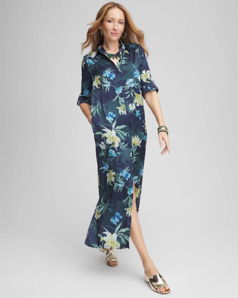 Chicos Satin Floral Maxi Shirtdress - PASSPORT BLUE