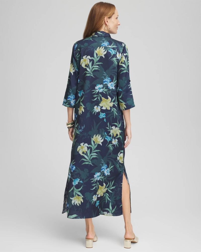Chicos Satin Floral Maxi Shirtdress - PASSPORT BLUE