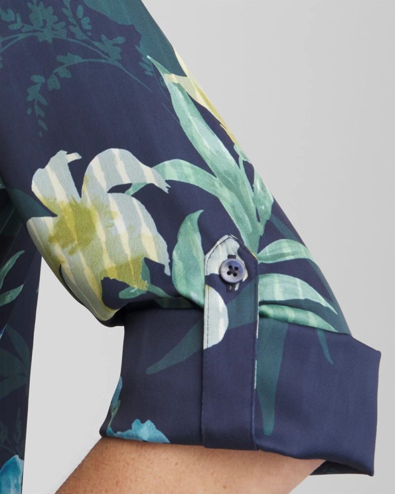 Chicos Satin Floral Maxi Shirtdress - PASSPORT BLUE