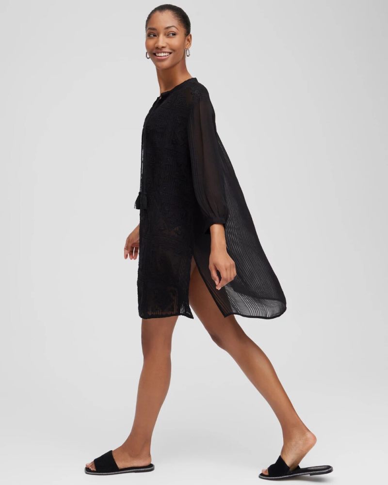 Chicos Embroidered Swim Dress Coverup - BLACK