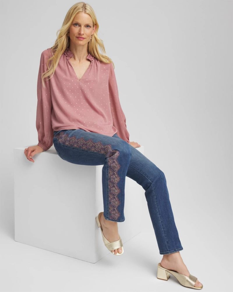Chicos Ruffleneck Lined Georgette Blouse - DUSTY ROSE