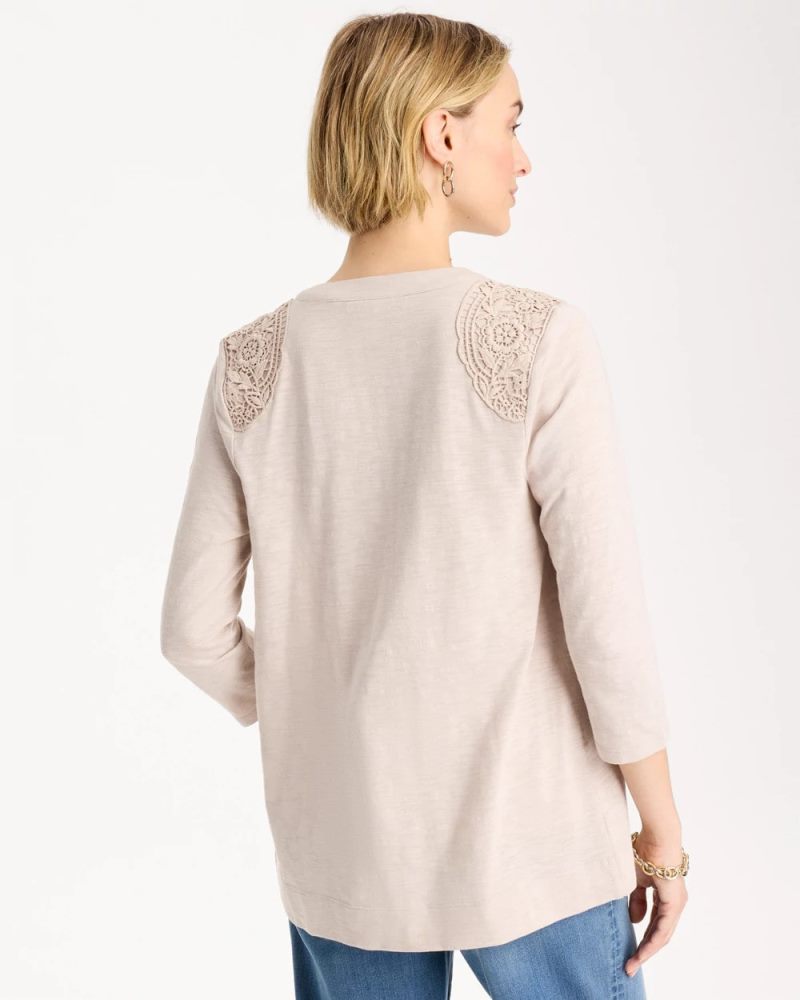 Chicos Embroidered Cotton Slub 3/4 Sleeve Cardigan - SMOKEY TAUPE