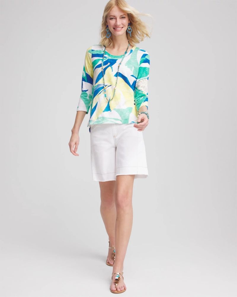 Chicos Ocean Print Slub Scoop-Neck Tee - ALABASTER