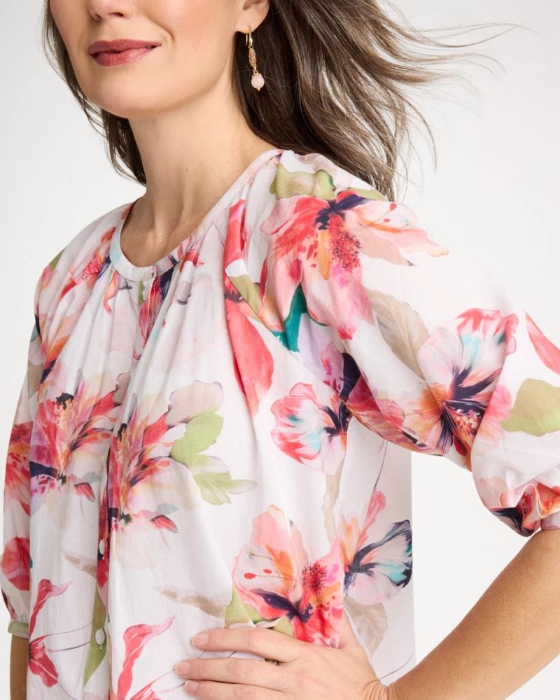 Chicos Cotton Voile Croix Collage Blouse - CALYPSO CORAL