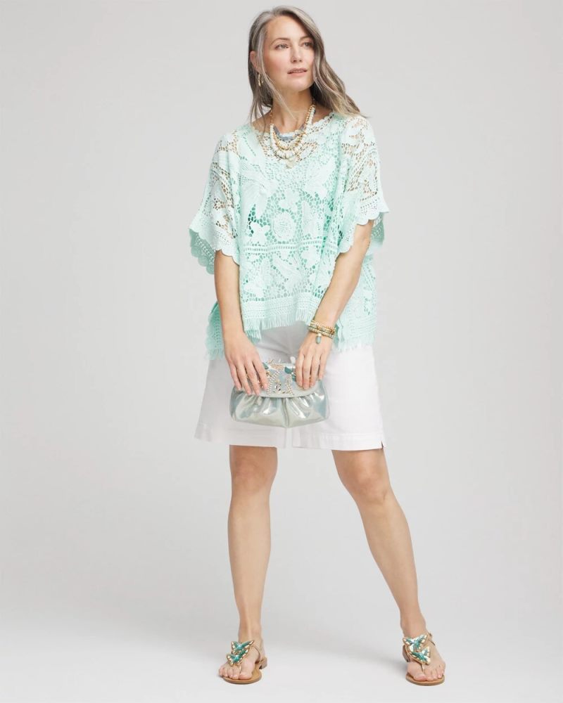 Chicos Lace Crochet Poncho - TEAL WATERS